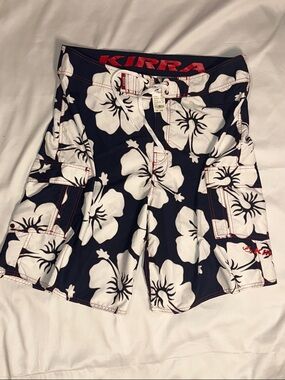 Kirra Men’s Navy & White Hibiscus Cargo Board Shorts